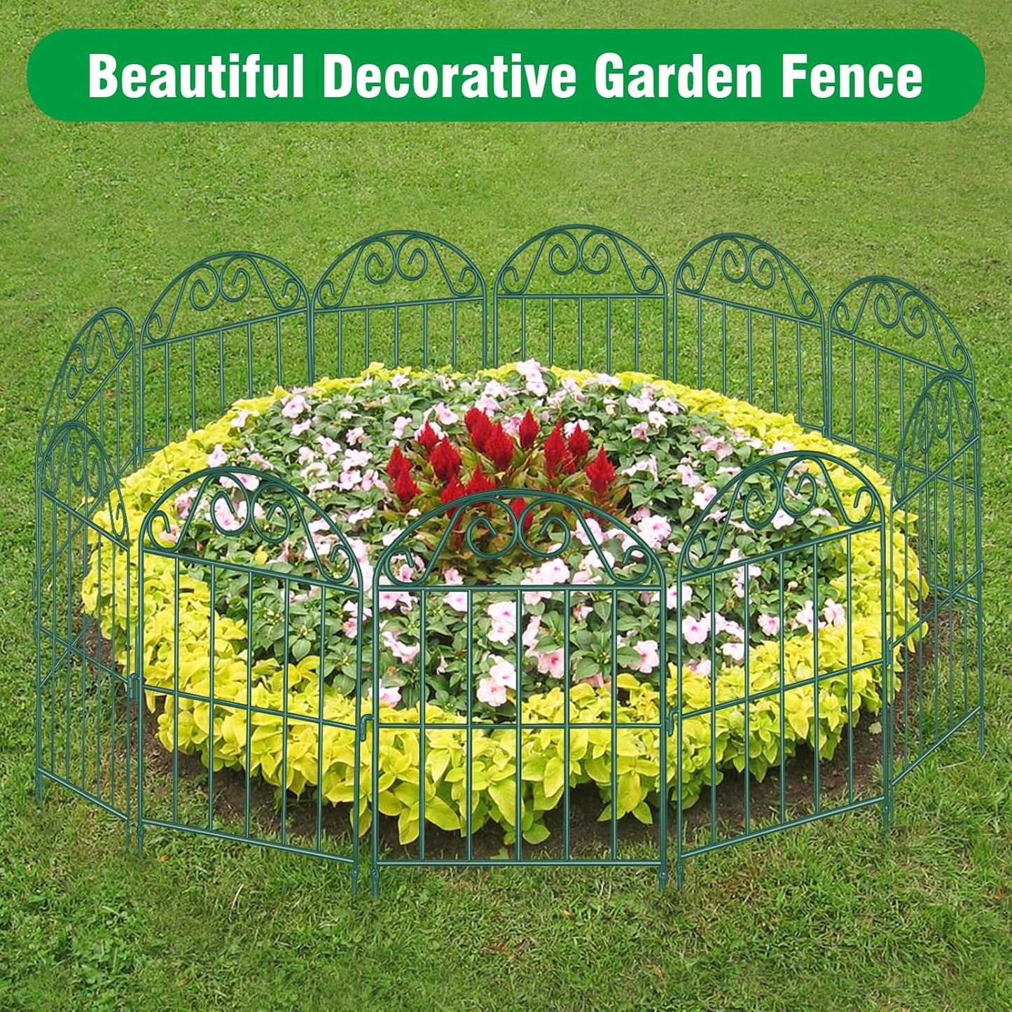 ADAVIN 10 Panels Collapsible Garden Fence Animal Barrier,11 Ft(L) x 24 in(H) Green Rustproof Metal Wire Panel Border for Dogs Rabbits, Flower Edging for Landscape Patio Yard Outdoor Decor, Arched