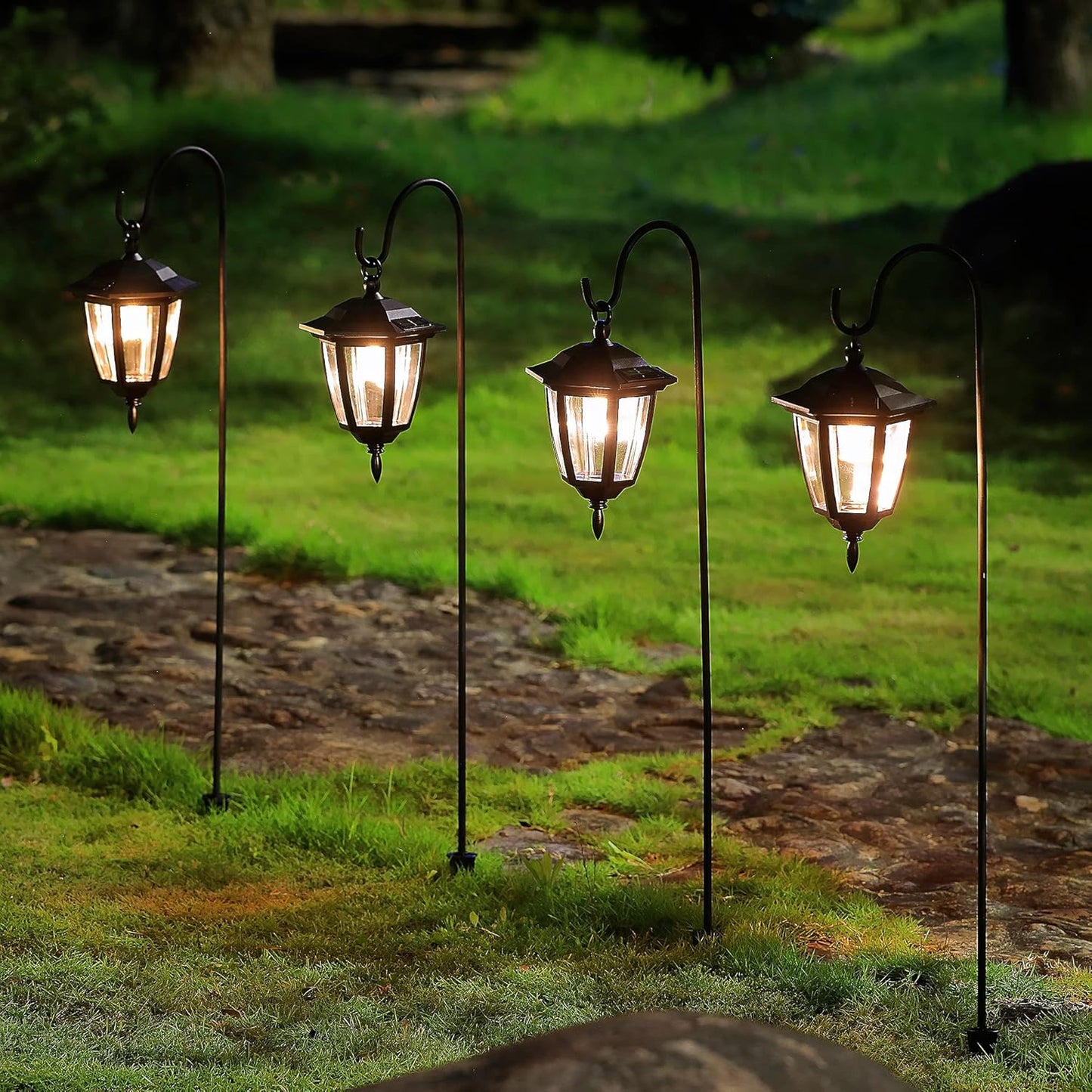 MAGGIFT 34 Inch Hanging Solar Lights, Decorative Garden Lanterns with 2 Shepherd Hooks, Solar Powered Coach Lights, Warm White LED Outdoor Lighting for Landscape, Yard, Pathway and Patio, 2 Pack