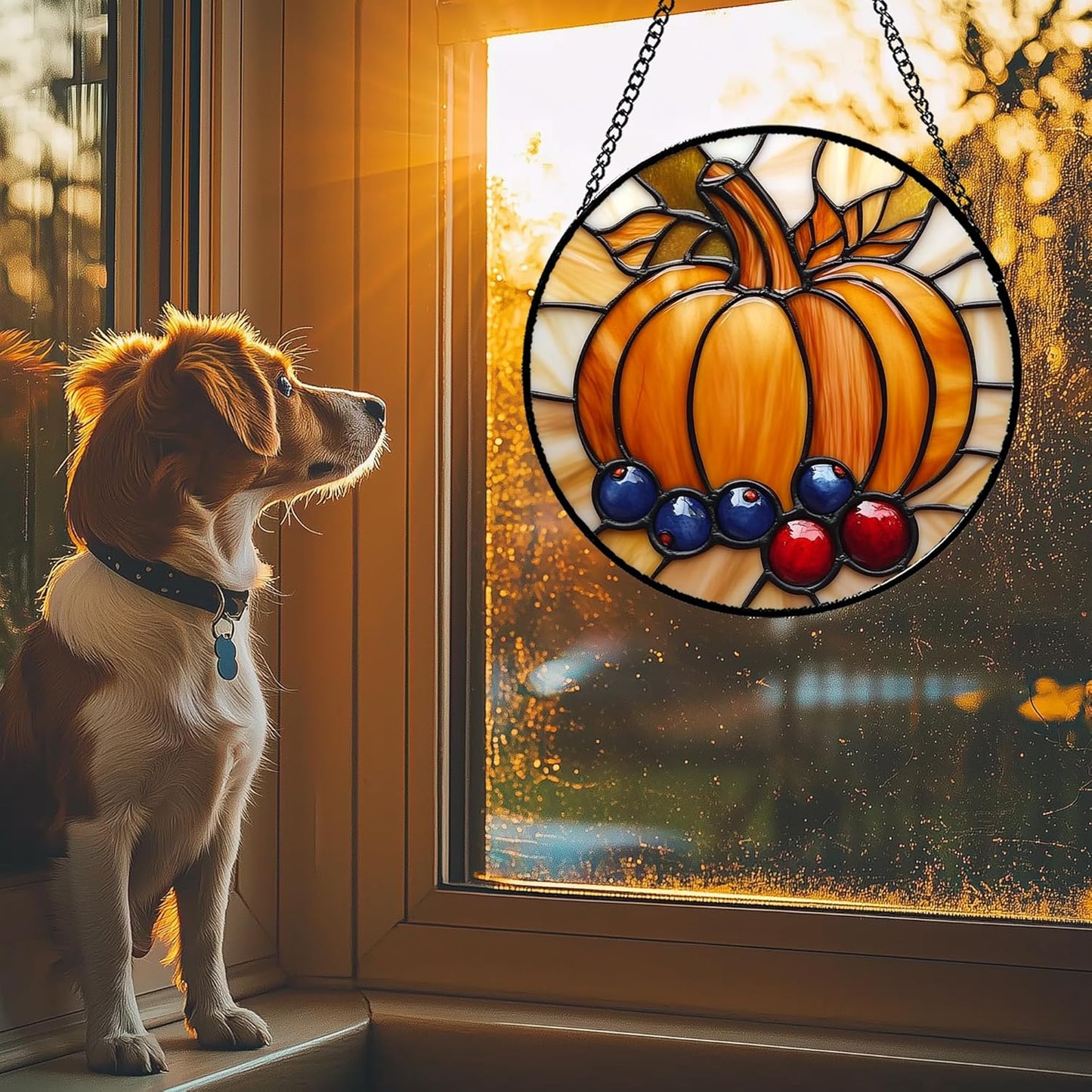 Stained Glass Window Hanging Fall Pumpkin Berries Large 15" - Suncatcher Door Garden Kitchen Sunroom Sun Catcher Autumn Home Decor Birthday for Mom Grandma Men Woman