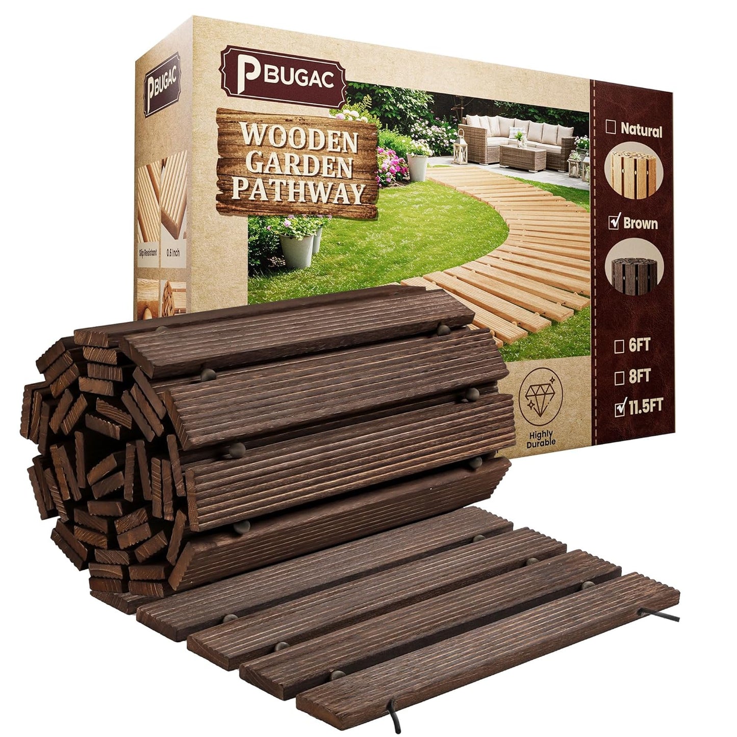 11.5FT Wooden Garden Pathway, Roll Out Walkway for Patio, Backyard and Outdoor Decor, Weatherproof, Non Slip and Easy to Install, Perfect for Beach, Wedding or Lawn (Brown)