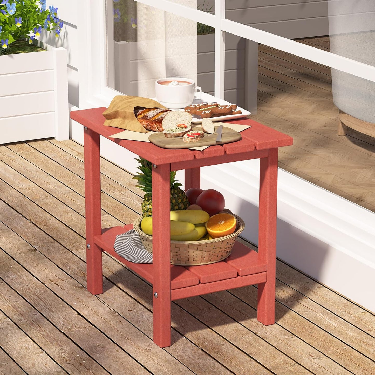 Outdoor Side Table, 2-Tier Small Outdoor Table for Patio, Adirondack Side Tables for Outside or Indoor, Patio End Table for Pool, Porch, Weather Resistant Easy Maintenance-Red