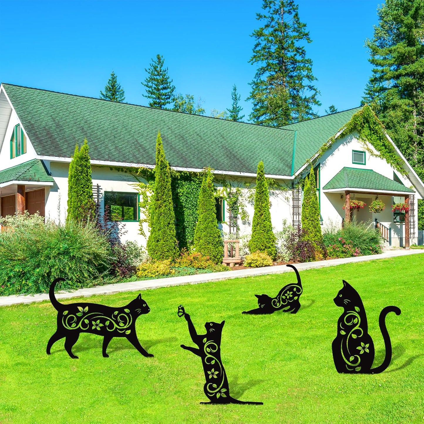 Elcoho 4 Pack Black Cat Silhouette Cute Metal Cat Garden Statues Bird Repellent Decorative Garden Stakes for Yard, Garden, Lawn Outdoor Decorations