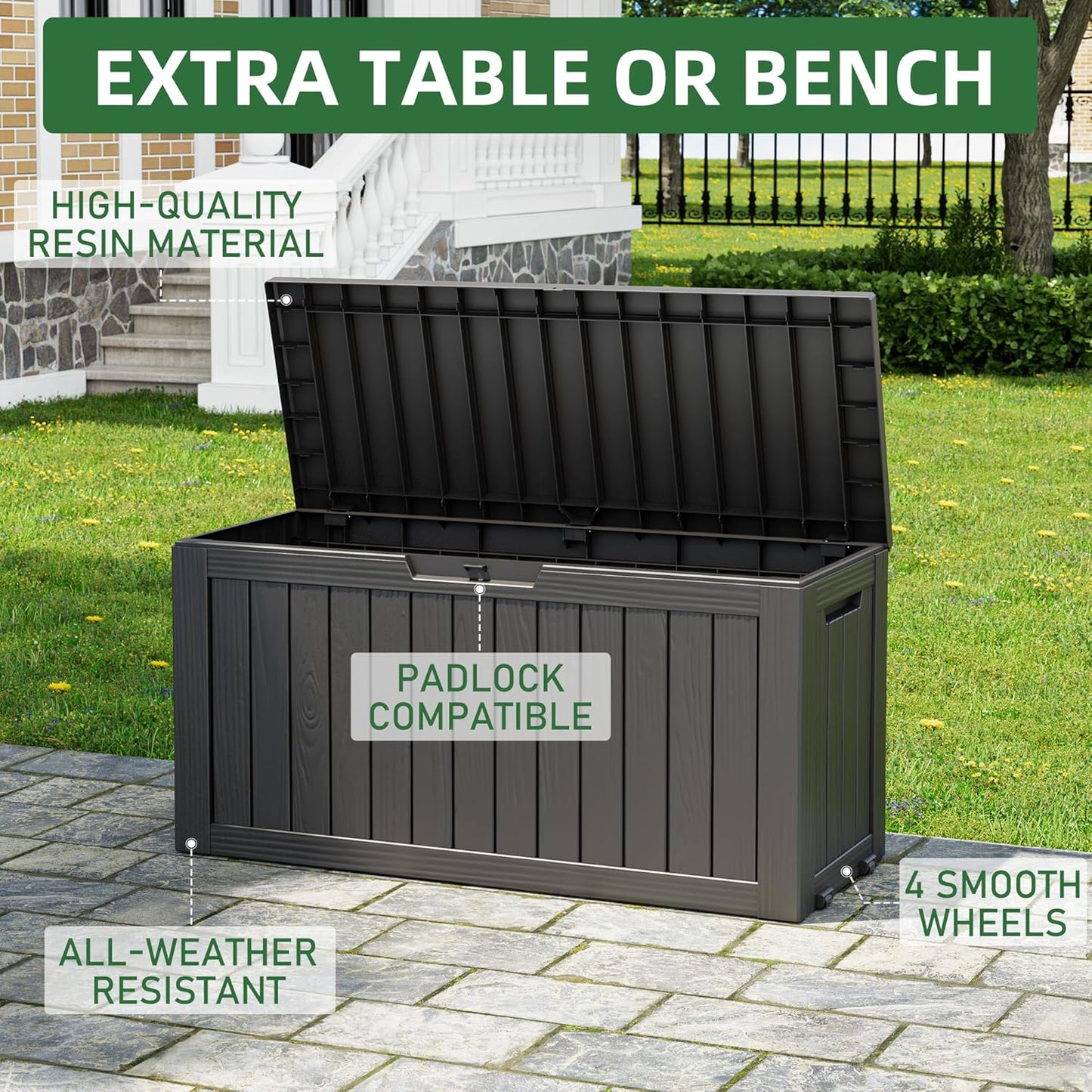 NUNU LAB 75 Gallon Outdoor Storage Box,Large Resin Sturdy Deck Box, Backyard Outside Storage Box Waterproof with Double Wall Panels,Package Delivery Garden Hose Storage Bin Outdoor Tool