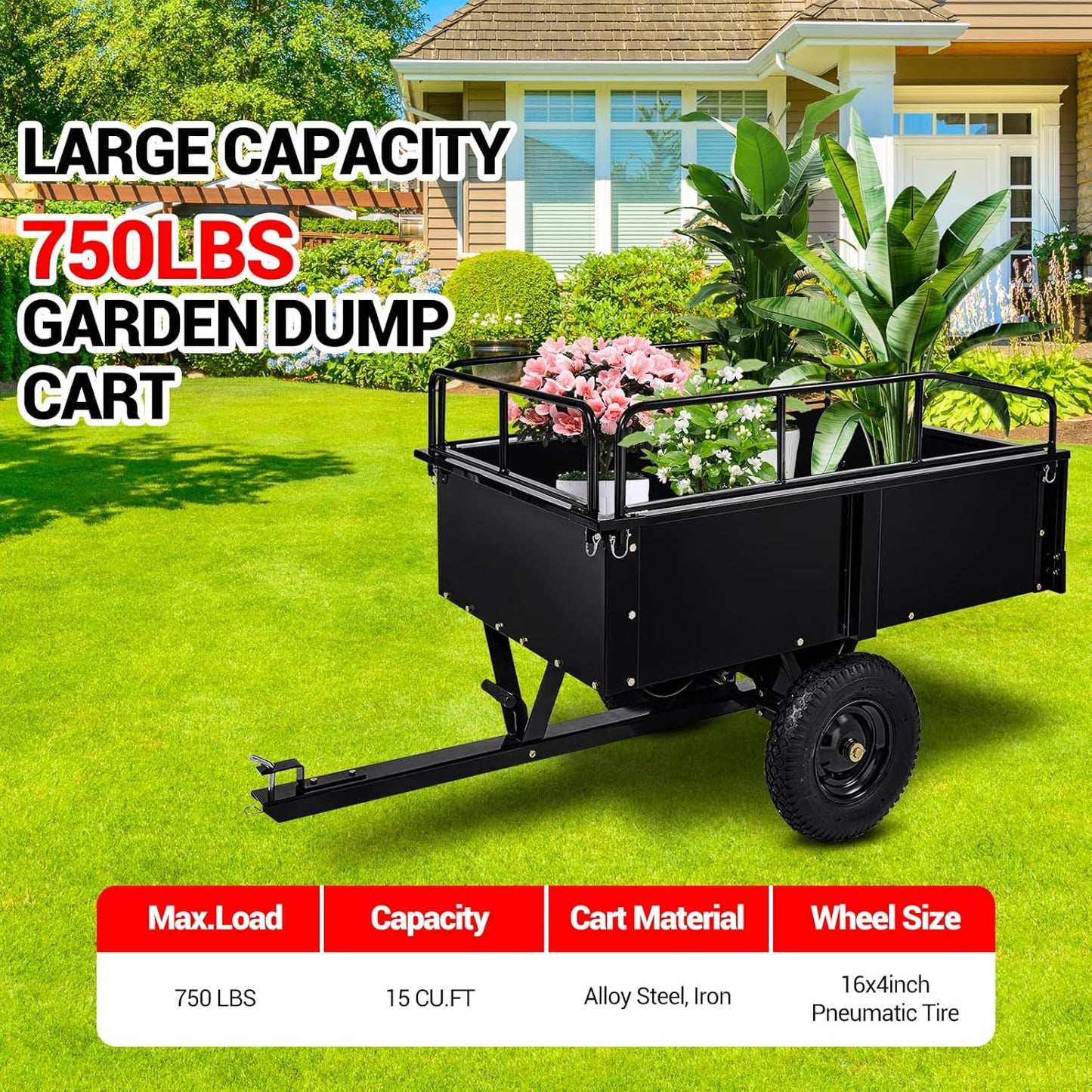 GarveeLife 750 lbs Heavy Duty Steel Dump Cart, 15 Cubic Feet Garden Utility Trailer with Removable Sides,Hand Pull or Foot Pedal Dump Cart for ATV, UTV, Lawn Mowers and Tractors