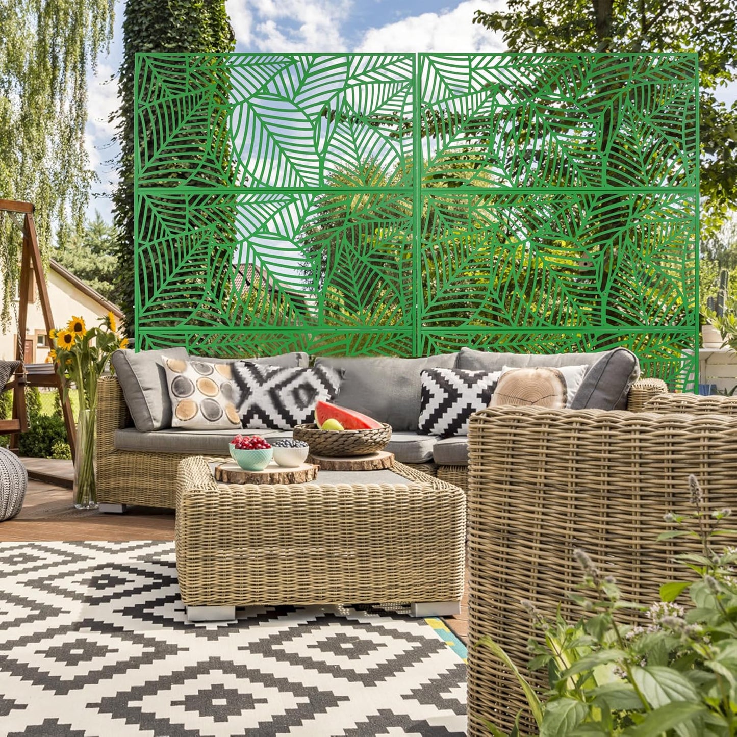 Metal Privacy Screens 76" H Outdoor Privacy Screens Panels Outdoor and Indoor Leaf Pattern Divider Freestanding Decorative Privacy Fence Panels for Balcony Patio Garden, Green