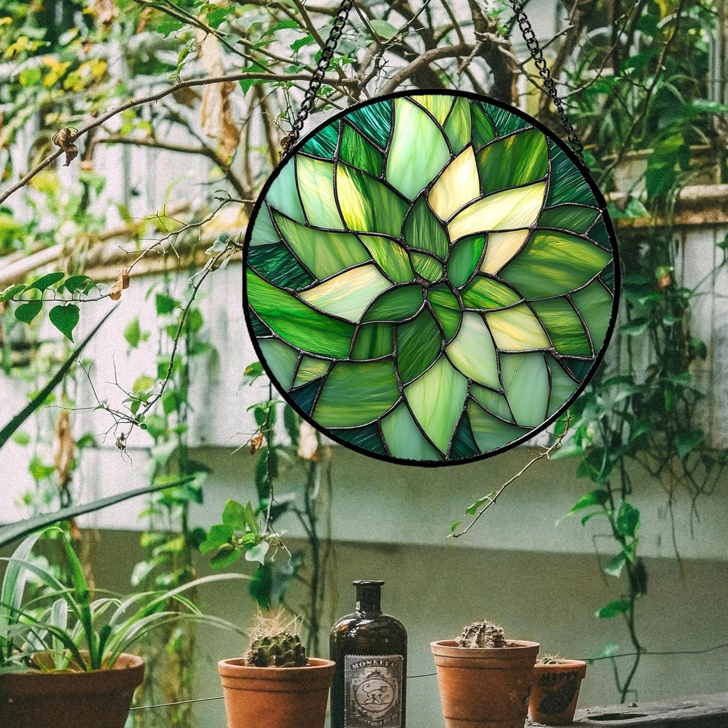 Stained Glass Window Hanging - Green Plants Suncatcher for Doors Garden Patio Flowers Sun Catchers Decor Christmas Mother's Day Birthday Gifts for Women Men Mom Nana Friend 11.8 in