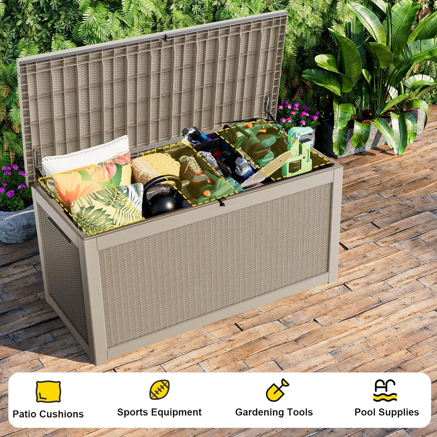 320 Gallon Outdoor Storage Box Waterproof, UV Resistant Resin Deck Box with Hydraulic Rod, Lockable Design and Enhanced Durability for Patio, Garden, and Poolside Use