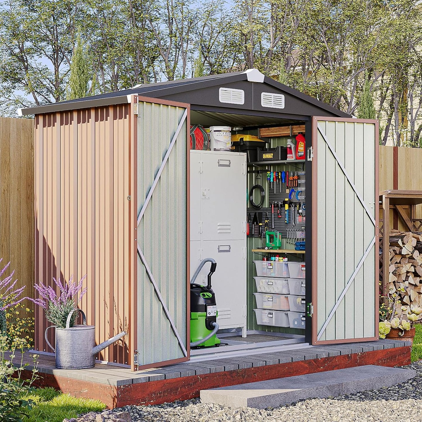 6x4 FT Outdoor Storage Shed with Base, Metal Garden Tool Shed with Sloping Roof & Lockable Door for Patio Lawn Backyard (Brown with Base)