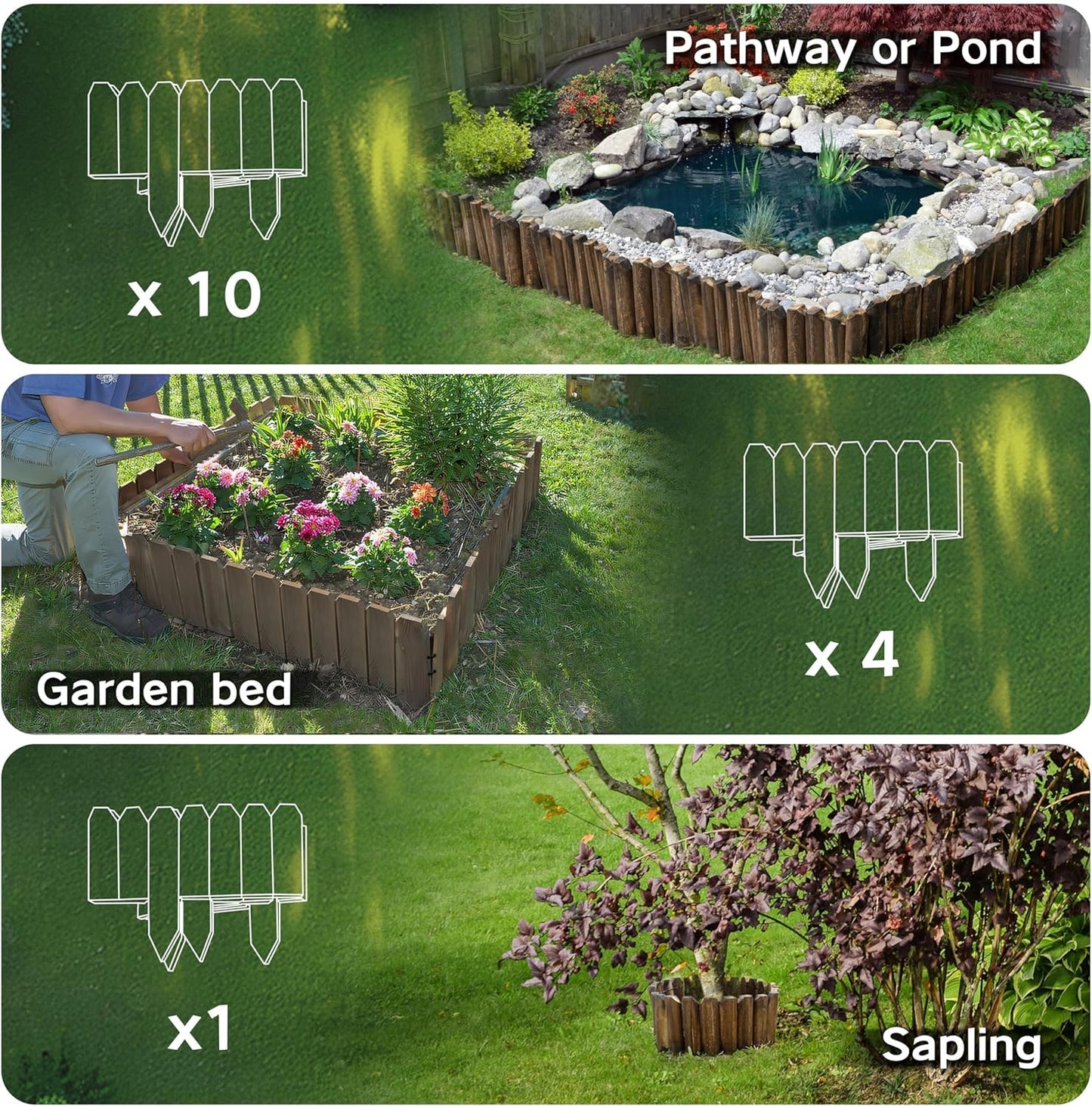 Wood Garden Edging, Wooden Fence Border Decorative Small Picket Panels for Flower Bed Barriers and Landscape Fencing