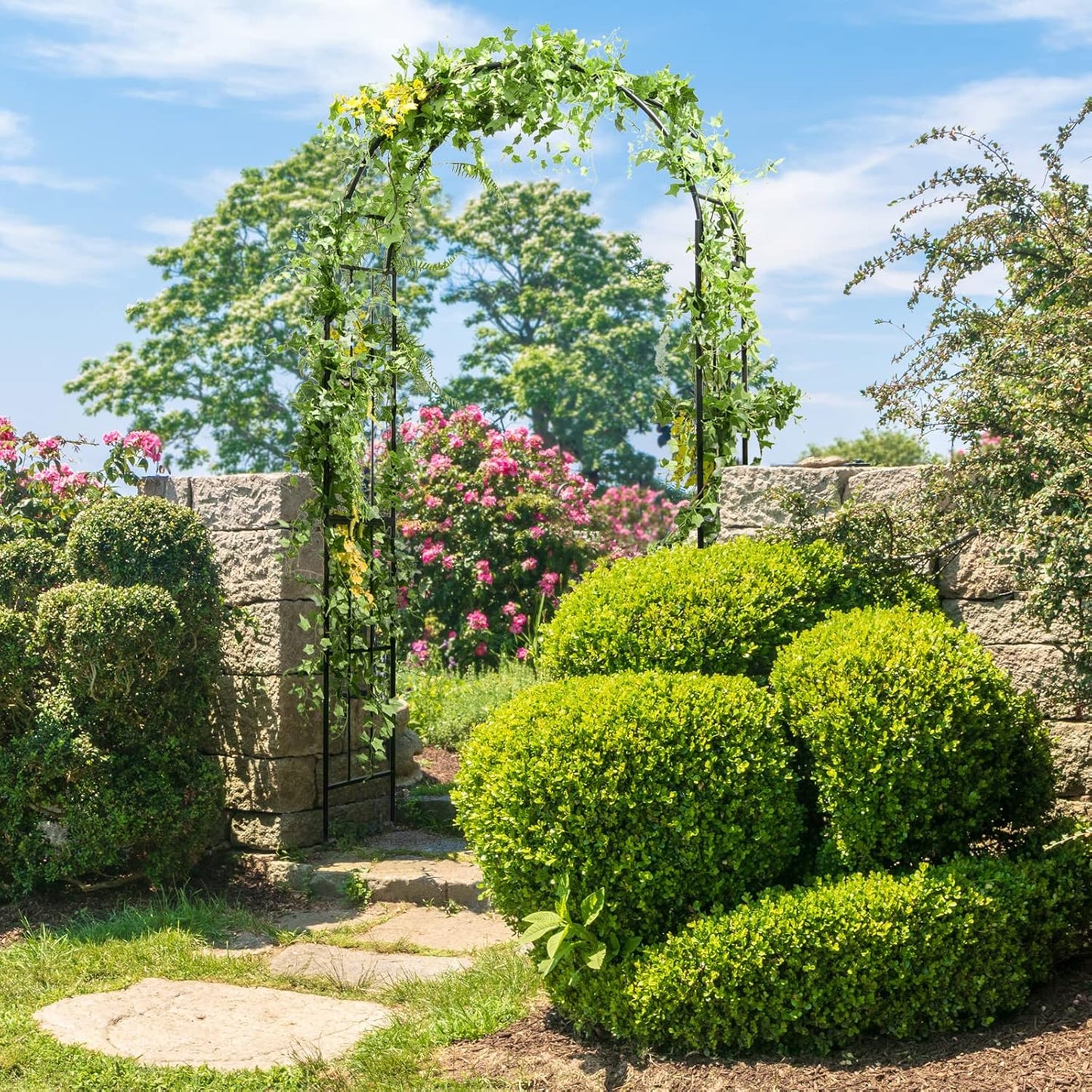 HAPPYGRILL Garden Arch, Garden Arbor with Trellis, Outdoor Garden Arbor with Stakes, Metal Garden Arch Trellis for Climbing Plants Vines, Wedding Ceremony Party Decor Arch, Garden Entrance Archway