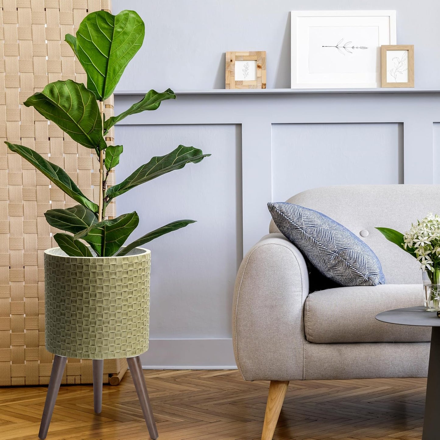 D'vine Dev 12 Inch Modern Geometric Tile Patterned Sleek Planter Pot with Stand, Indoor Outdoor Decorative Plant Holder, Distressed Olive, 88-Z-C-4