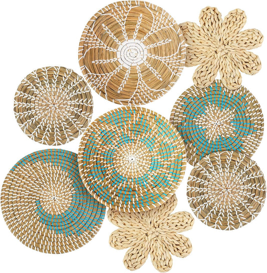 Xuhal Set of 8 Hanging Woven Wall Basket Handmade Decorative Rustic Boho Basket Decor Handcrafted Wicker Round Seagrass Wall Art for Home Kitchen Farmhouse Table Living Room