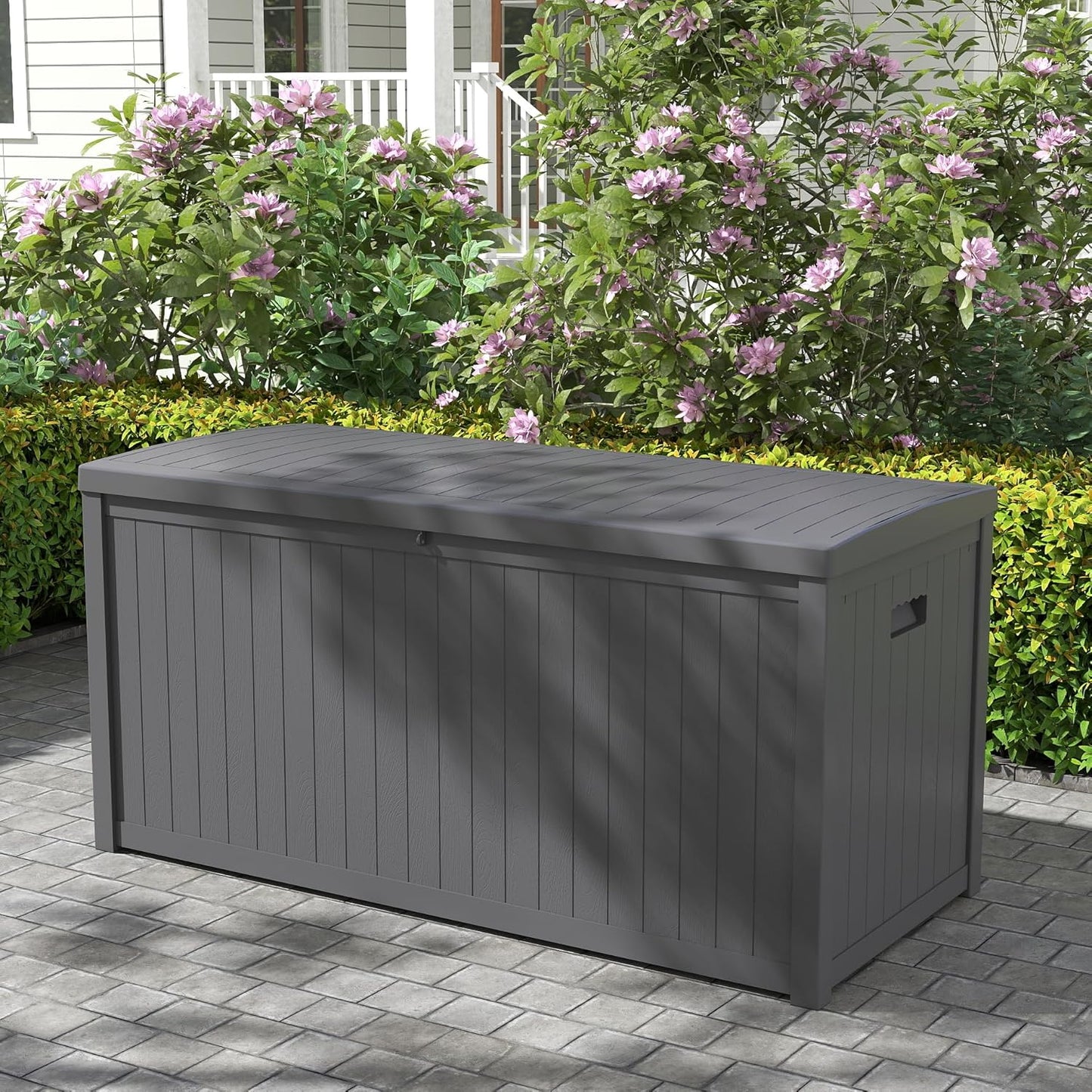 120 Gallon Resin Deck Box, Weatherproof Outdoor Storage Box for Patio, Garden, Pool, and Yard, Lockable Waterproof Bin for Tools, Cushions, and Accessories, Grey