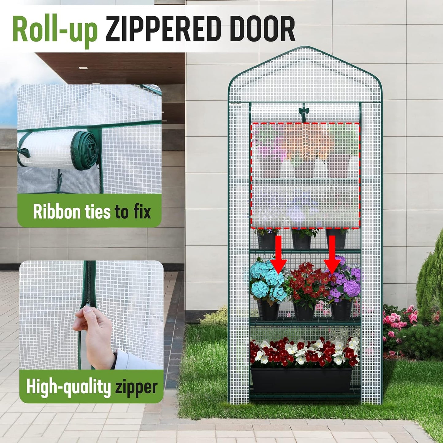 WORKPRO Mini Greenhouse, 4-Tier Portable Small Greenhouses for Outdoor Indoor with Shelves and Thicken PE Cover, White - 27" L x 19" W x 63" H, Ideal Gardening Gifts for Women Men