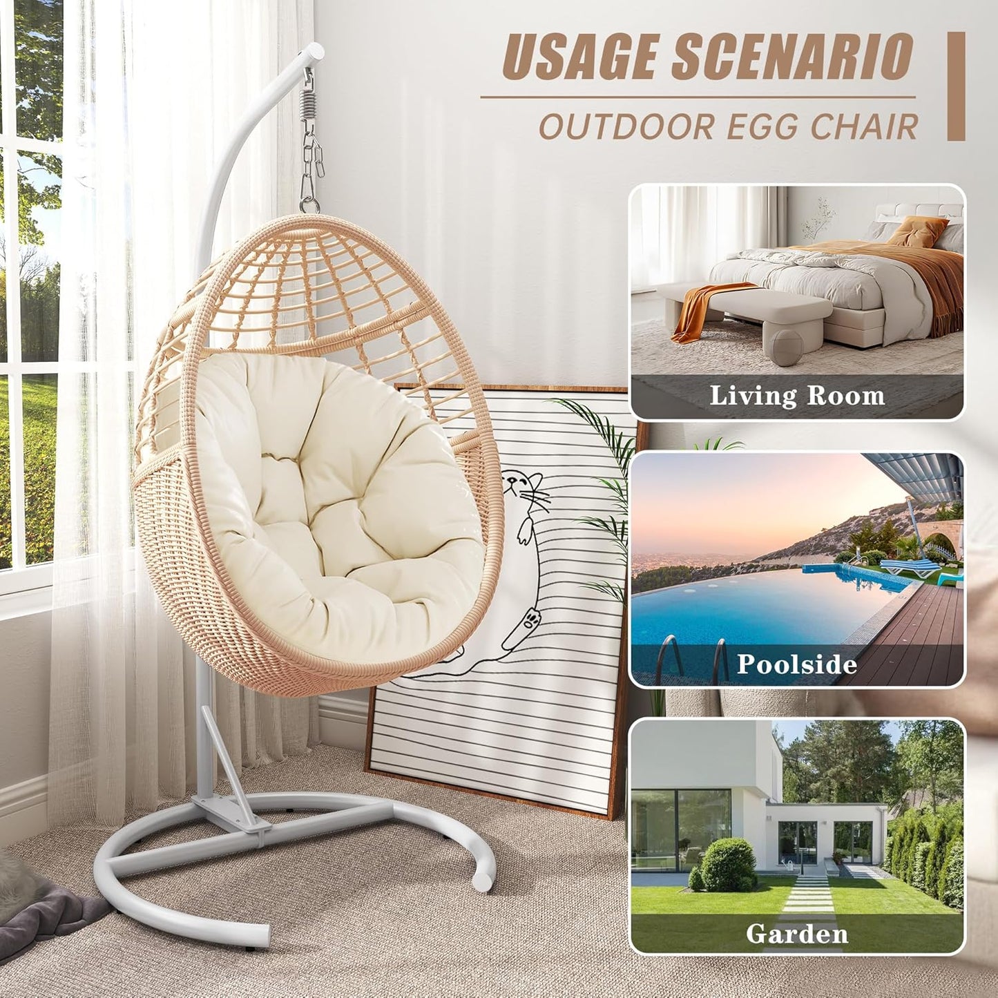 TWT Egg Swing Chair with Stand Rattan Wicker Hanging Egg Chair for Indoor Outdoor Bedroom Backyard Hammock Egg Chair with Metal Frame and UV Resistant Cushion 330lbs Capacity-Pink