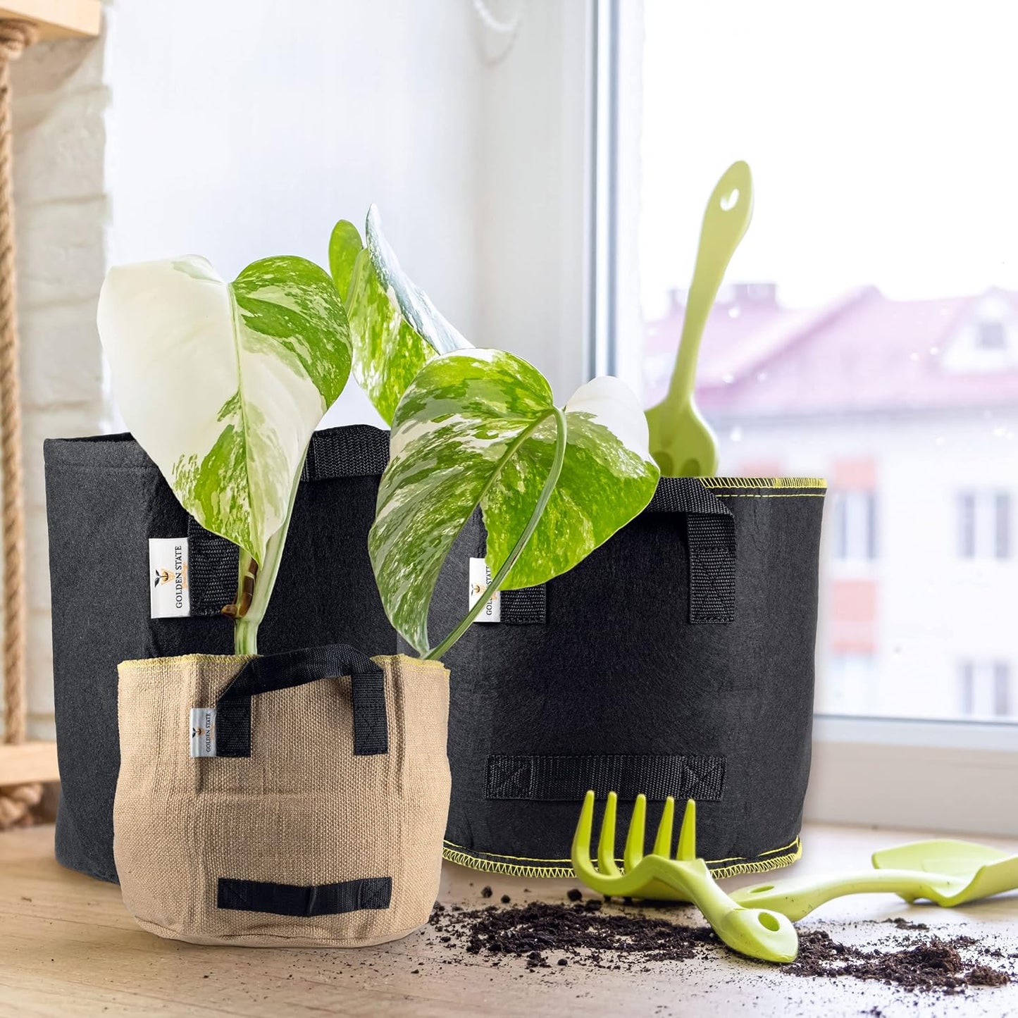 Grow Bags: 5-Pack (Size: 30 Gallon): 300gsm Black Felt Fabric w/Yellow Stitch, Biodegradable and eco-Friendly Material. (Handles + Dumping Handles-pat.Pend).