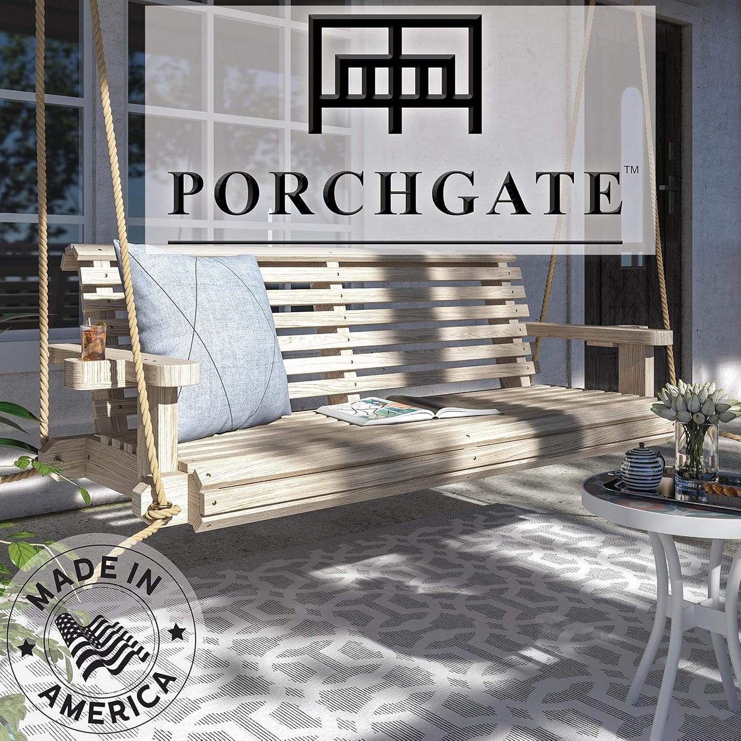 Porchgate Amish Heavy Duty 800 Lb Roll Comfort Treated Porch Swing W/Ropes (4 Foot, Unfinished)