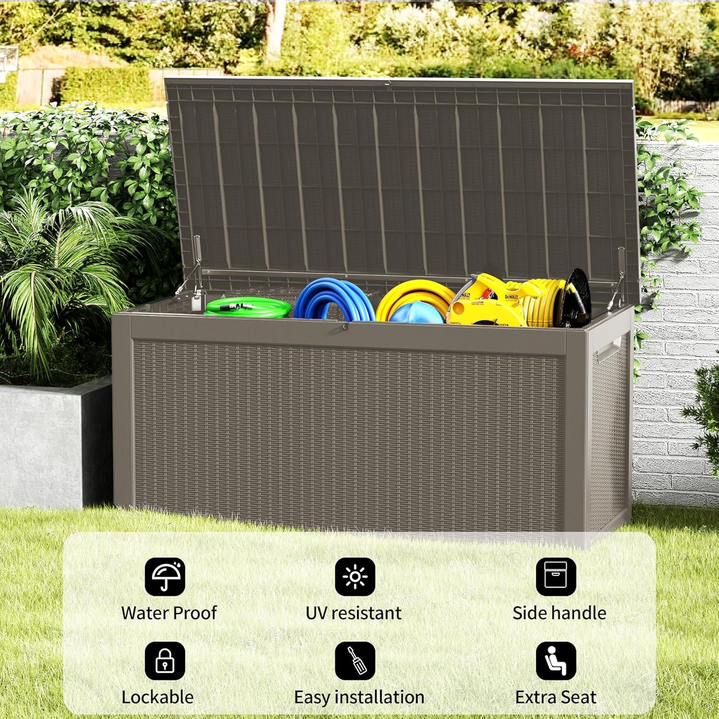 320 Gallon Waterproof Large Resin Deck Box Indoor/Outdoor Lockable Storage Container and Seating for Garden, Pool, and Patio (320 Gallon, Grey)