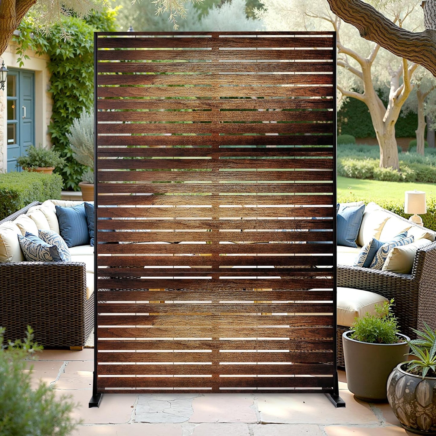 FENCY Outdoor Privacy Screen, 72" H×47" W Metal Patio Privacy Screen, Freestanding Decorative for Deck Balcony Patio Vintage Wood Color