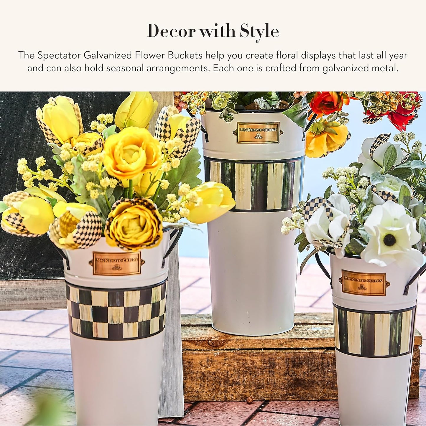 MACKENZIE-CHILDS Galvanized Flower Buckets, Decorative Metal Buckets, Spectator, Set of 3