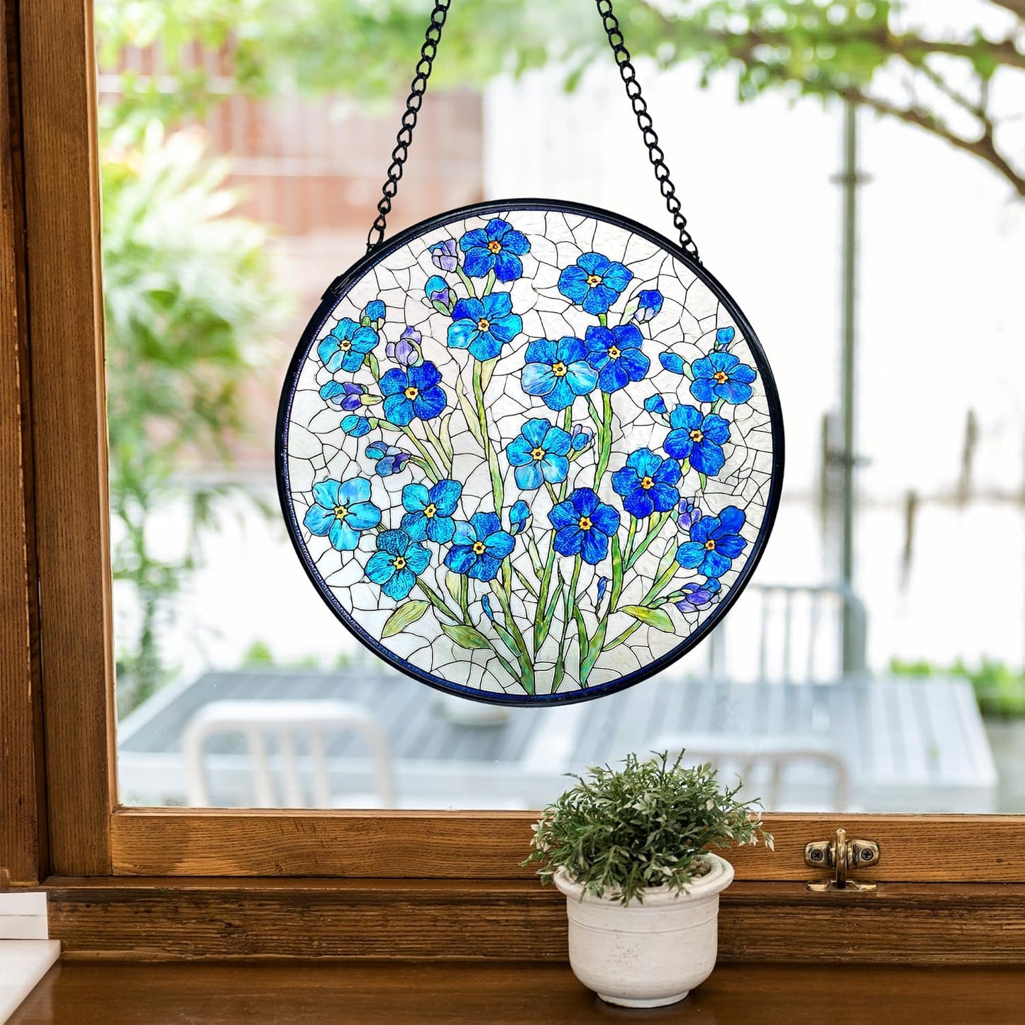 TNUW Blue Forget Me Not Flower Stained Glass Window Hanging, Blue Floral Sun Catchers Indoor Window Glass Round Wall Art Decor, Floral Botanical Wall Hanging Decorations, 7.9＂x7.9＂
