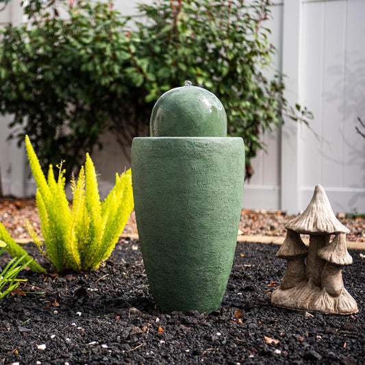 XBrand 25.98" H Round Stone Indoor/Outdoor Modern Stone Textured Sphere Water Fountain w/LED Lights, Ball Fountain Decor, Green