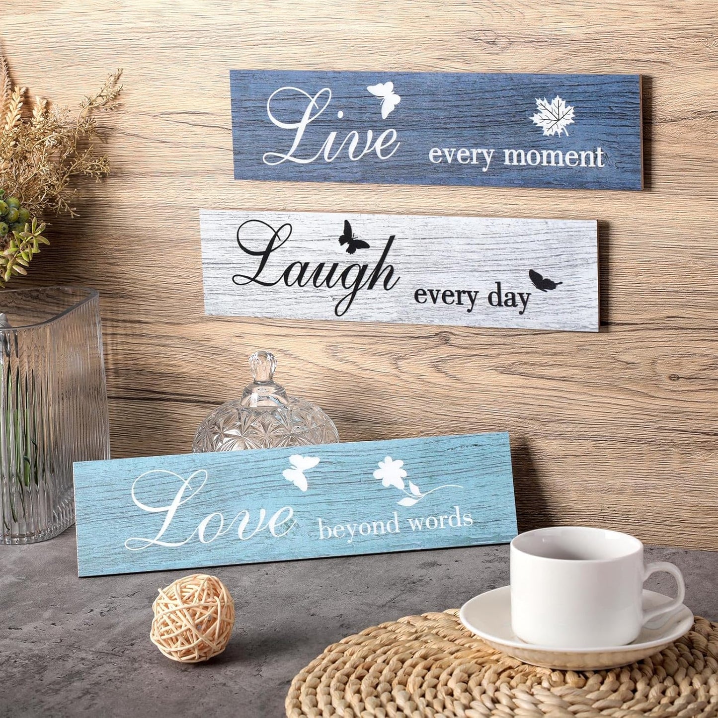 Jetec 3 Pieces Rustic Wood Sign Wall Decor Live Love Blessed Family and Love Quote Sign Farmhouse Wall Mount Decoration for Home Kitchen Living Room, 12 x 3 x 0.2 Inch(Blue Series,Classic)