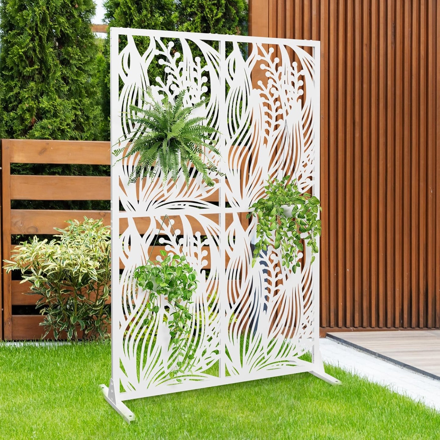 Metal Privacy Screen W3.8Ft x H 6Ft Outdoor Patio Privacy Panels Free Standing Divider Decorative for Balcony Garden Room Lawn Deck (1, White Leaf)