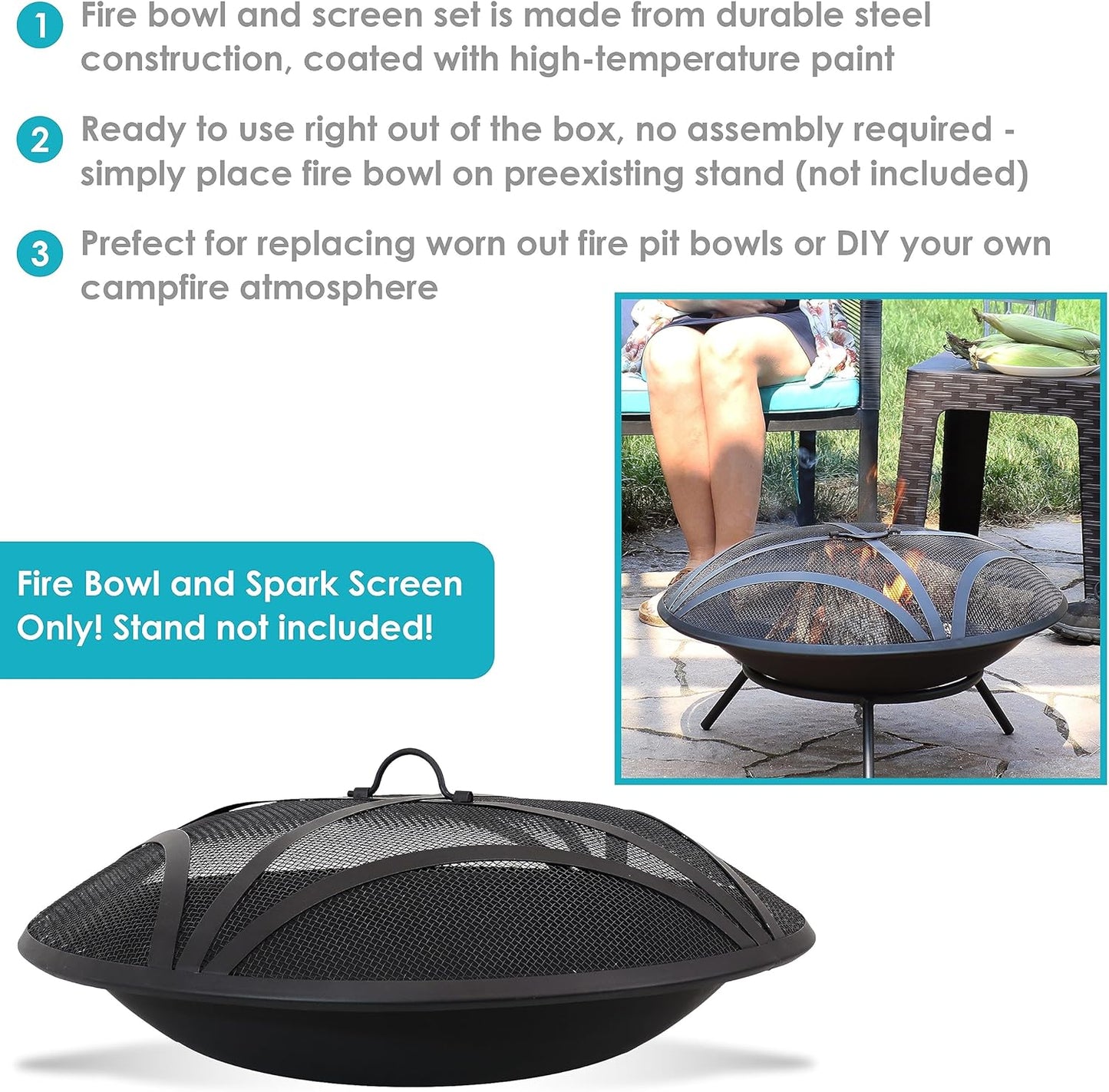 Sunnydaze 23-Inch Replacement Steel Fire Pit Bowl with Round Spark Screen - High-Temperature Painted Finish