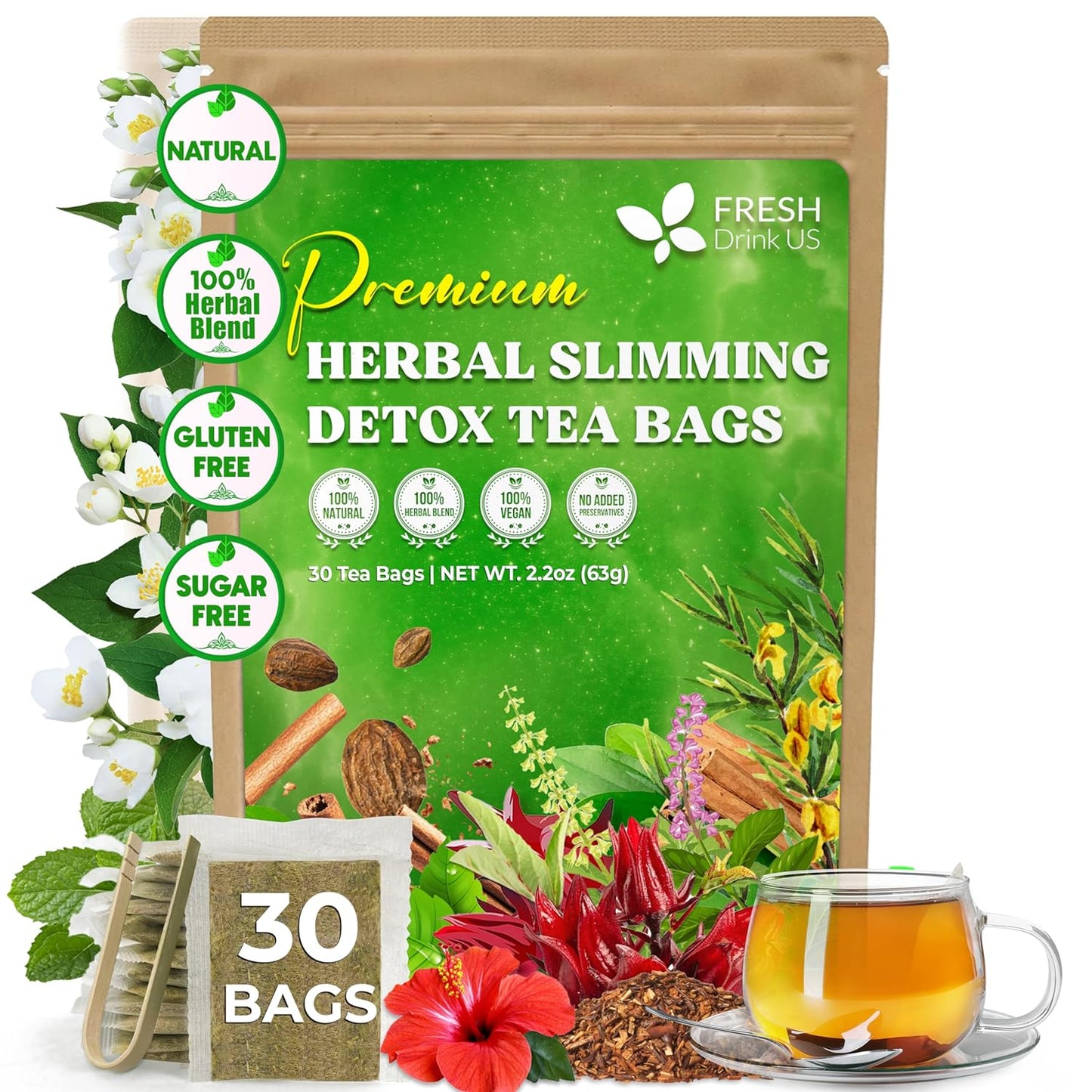 FreshDrinkUS, 30 Tea Bags Herbal Tea – Caffeine-Free Herbal Tea with Rooibos, Turmeric & Hibiscus – Loose Leaf Blend for Daily Rituals and Clean Living – Vegan, No Additives