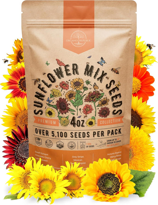 Sunflower Mix Seeds Pack 4 oz - Over 5,100 Non-GMO Heirloom Sunflower Seeds for Planting, Annual Flowers in Individual Seed Packet for Planting Home Garden Indoor & Outdoor Gardening