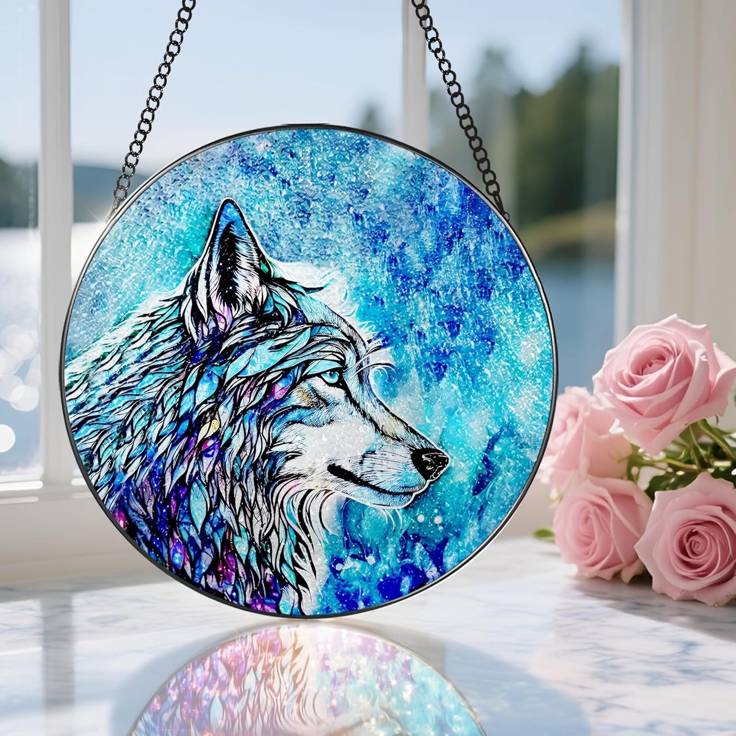Stained Glass Window Hanging, Stained Glass Suncatcher, Wolf Sun Catcher, Window Hanging Decor, Wolf Lover Gift, Gifts for Fathers Day or Mathers Day, Christmas or Birthday Gift, Gifts for Women Men