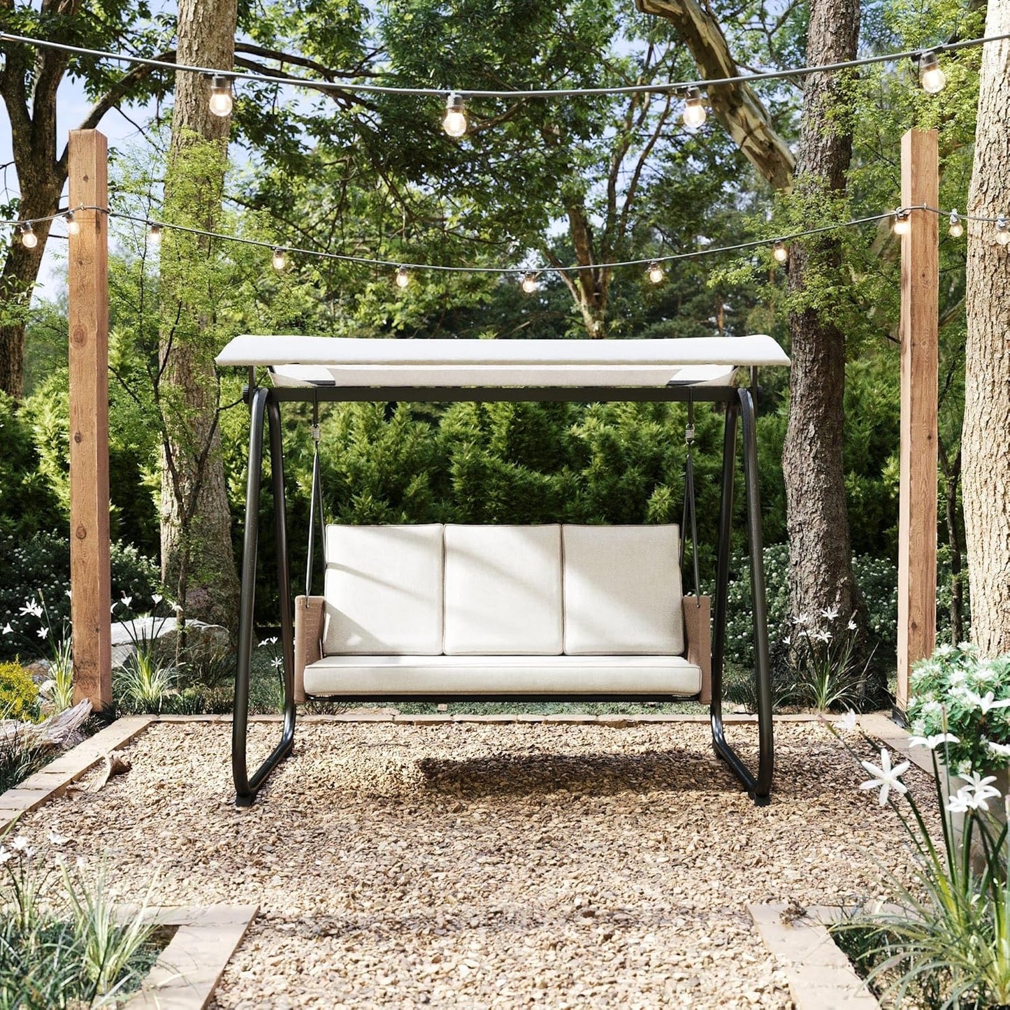 East Green Parker Patio Swing with Canopy - Covered 3 Person Free Standing Porch Swing with Cushions for Backyards, Gardens, and Lawns