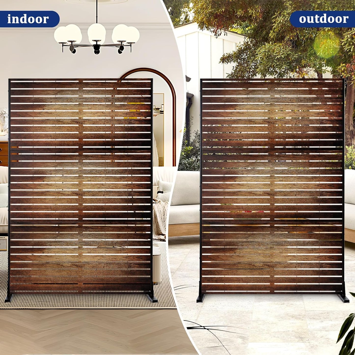 FENCY Outdoor Privacy Screen, 72" H×47" W Metal Patio Privacy Screen, Freestanding Decorative for Deck Balcony Patio Vintage Wood Color