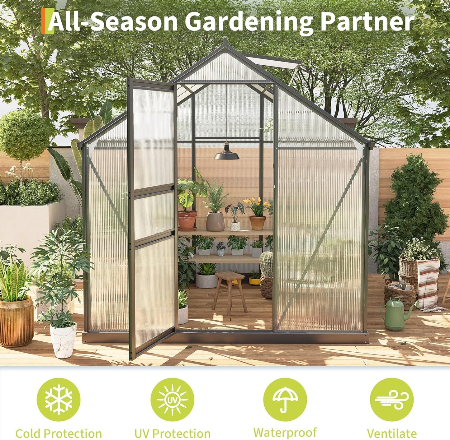 6×6FT Polycarbonate Greenhouse for Outdoors, Large Walk in Green House Kit and Winter Garden Planting, Enhanced Aluminum Green Houses for Outside to Protect Vegetables or Plants