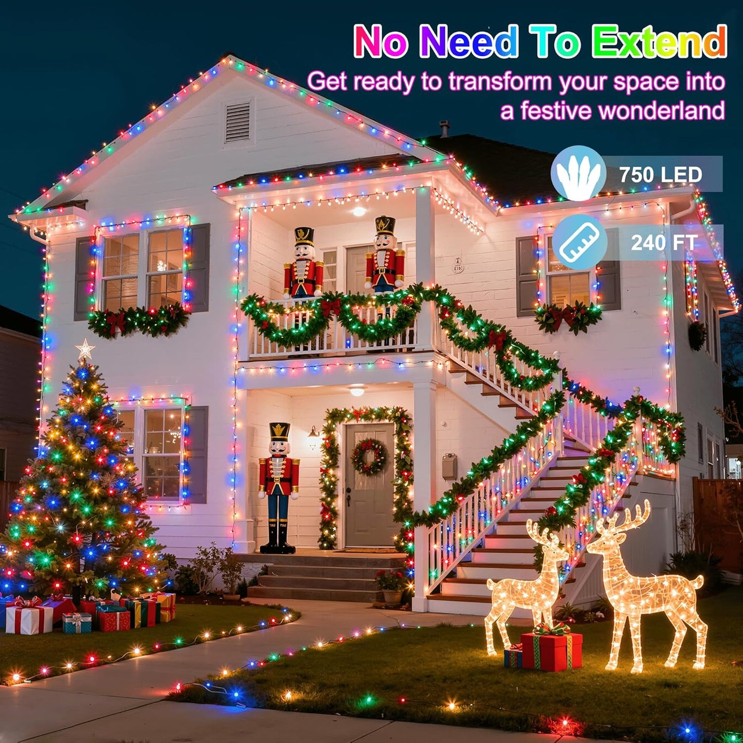 750LED Christmas Lights Outdoor Use, 240ft 12 Modes Multicolor LED String Lights with Timer Dimmable, Waterproof Christmas Tree Lights for Xmas Patio Yard Fence Balcony Garden Decor Multicolor