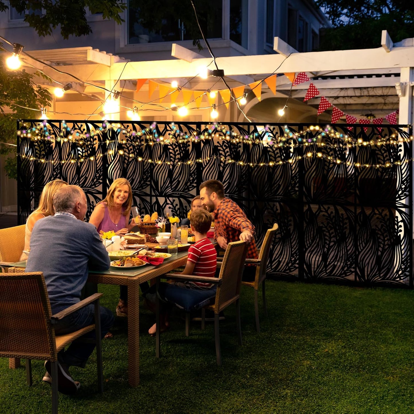 Metal Privacy Screen Outdoor W3.8Ft x H 6Ft Patio Privacy Panels Free Standing Divider Decorative for Balcony Garden Room Lawn Deck (1, Black Leaf)