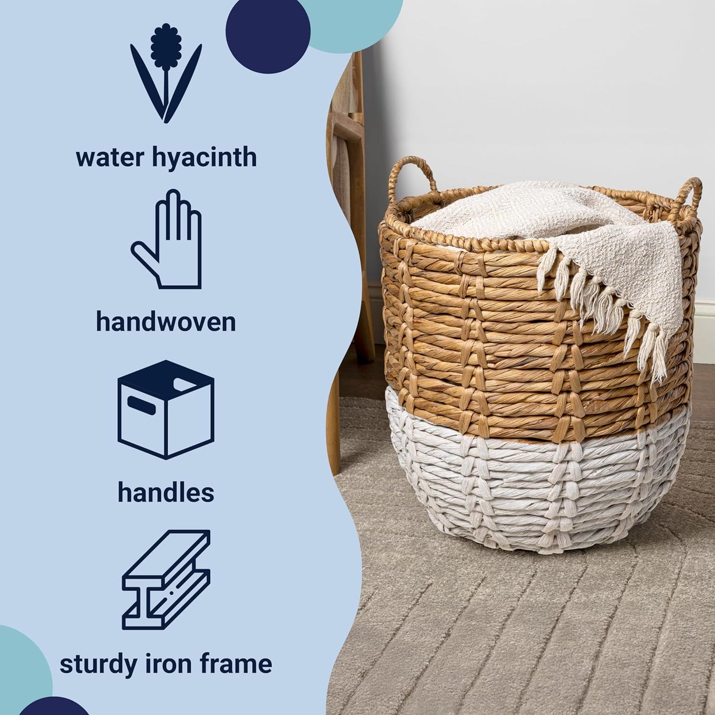 happimess BSK1003E Laurel 19.49" Bohemian Handwoven Abaca Hamper Basket with Handles, Seagrass Container for Decoration in Bedroom, Living Room, Laundry Room, Entryway, Natural, Natural/White