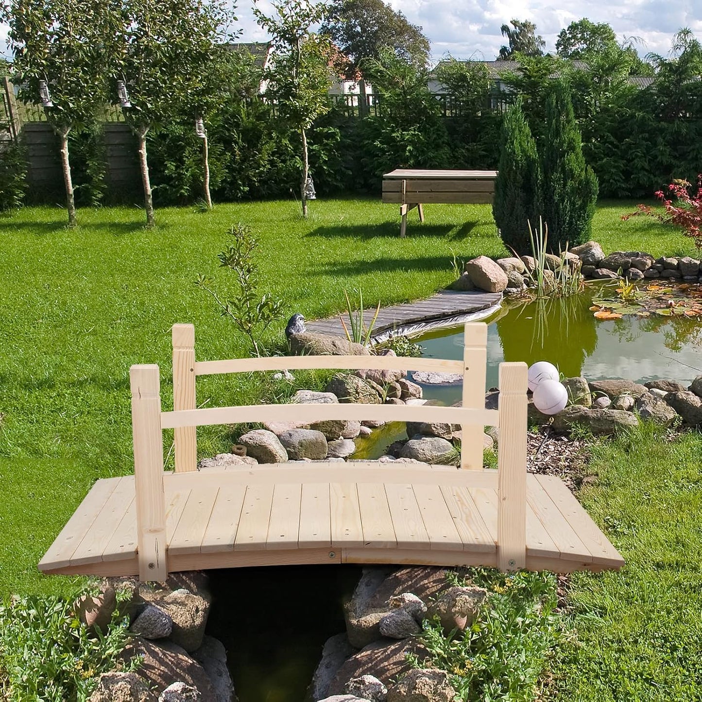 VINGLI 4 ft Garden Bridge, Arch Walkway Wooden Bridge with Safety Rails Natural Finished, Decorative Landscaping Footbridge for Koi Pond, Dry Creek Bed, Garden Pathway or Japanese Zen Decor