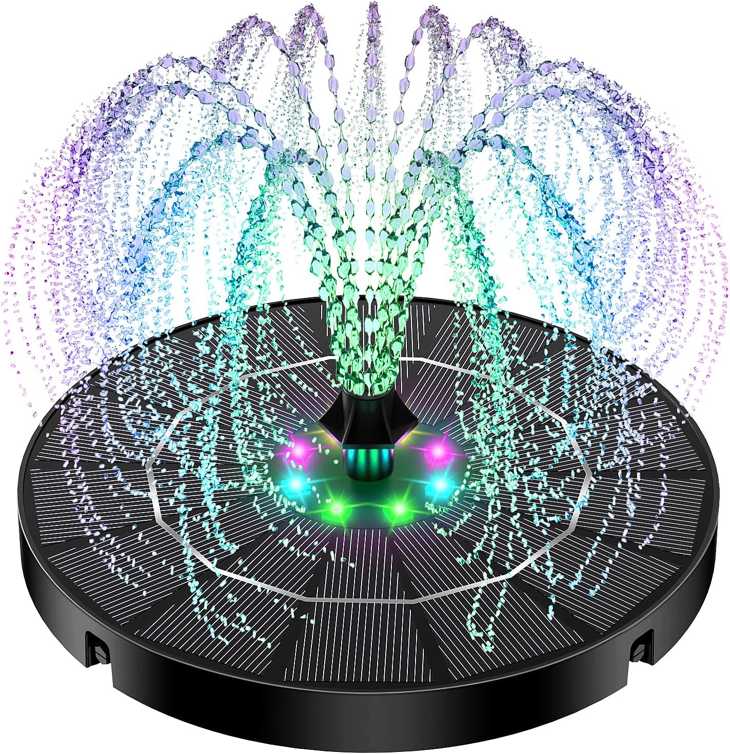 Solar Fountain with Colorful Lights,High Efficiency Solar Water Fountain with 2200mAh Battery 7 Nozzles and 4 Fixer,Solar Fountain for Bird Bath Garden Outdoor Décor