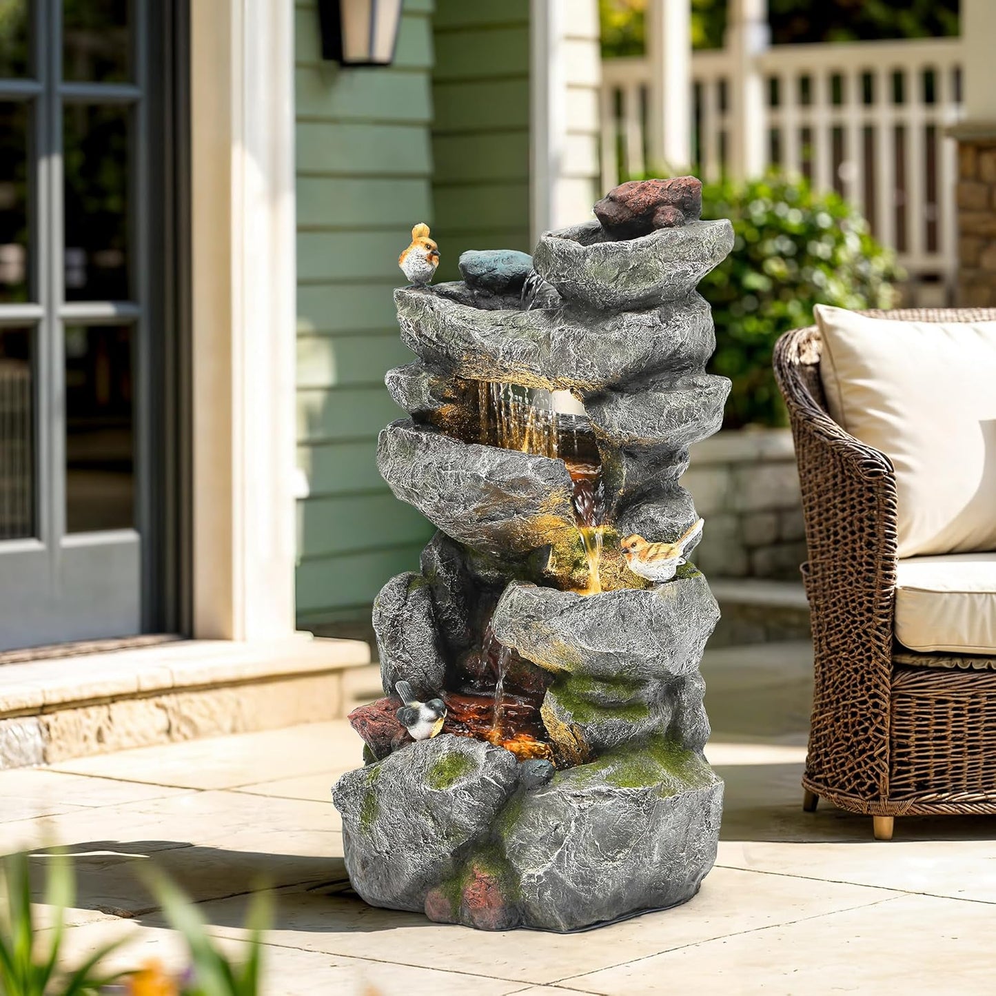 31.5" H Multi-Tier Rock Outdoor Water Fountain with LED Lights and Pump, Garden Fountain Waterfall for Patio, Porch, or Yard