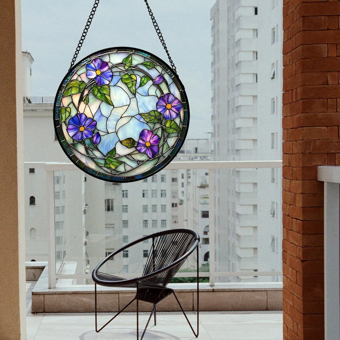 Stained Glass Window Hanging, Purple Morning Glory Flowers Suncatcher for Doors Window Home Plant Sun Catchers Decoration Mother's Day Birthday Gifts for Women, Men, and Mom 7.8x7.8 in