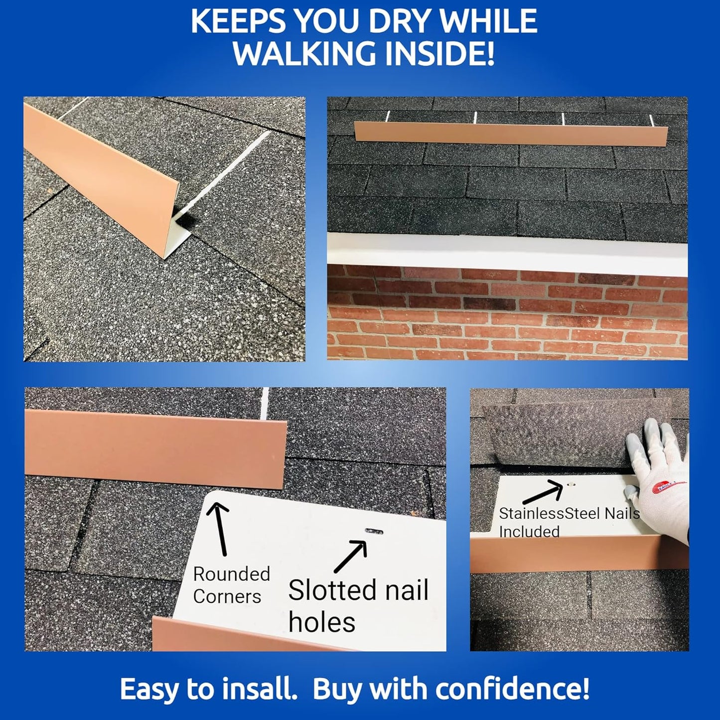 EAGLE 1- Shingle Roof Rain Diverter 40 Inches Long- 26 Gauge Material- Easy to Install- Includes Stainless Steel Nails (4, Brown)