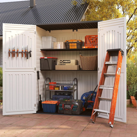 Vertical Resin Storage Shed with 2 Shelves, 60 Cuft Garden Tool Sheds & Outdoor Storage, Plastic Outdoor Storage Cabinet Waterproof, 4.5 x 2.3 ft Backyard Outside Lawn Mower Storage Shed, White