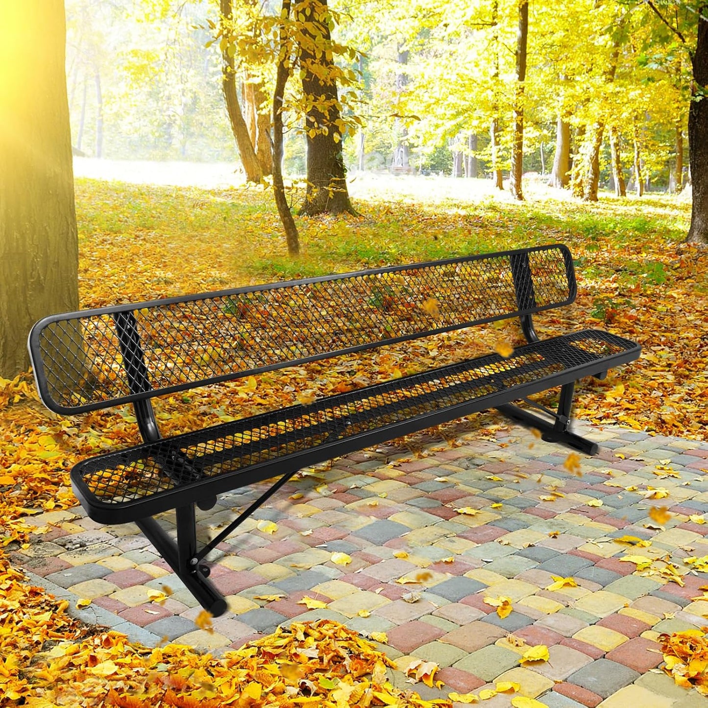 8Ft Outdoor Bench with Back Portable Frame, Outdoor Steel Park Bench with Backrest, Expanded Metal Mesh Bench for Outside, Lawn, Backyard, Park, Deck, Garden, Patio, Porch, Black