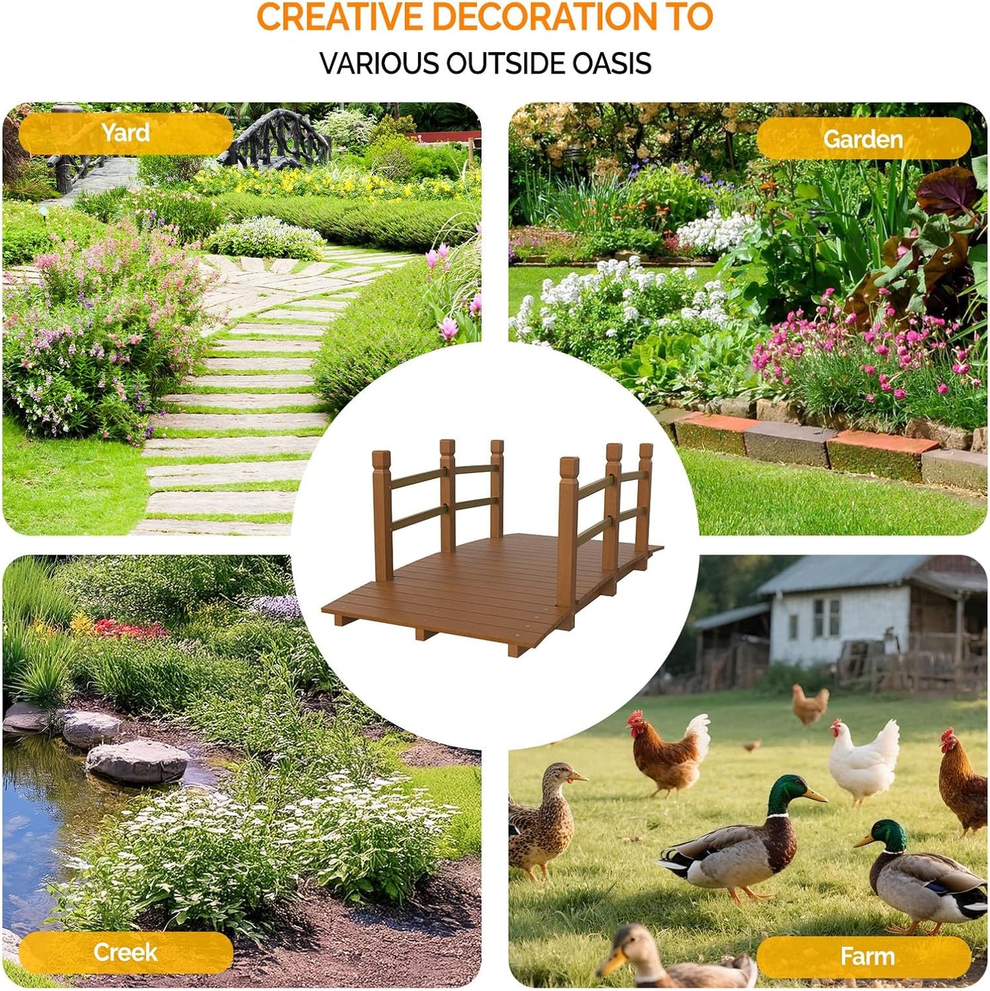 VINGLI Garden Bridge, Classic Wooden Arch with Safety Rails Footbridge (Brown, 5 ft)