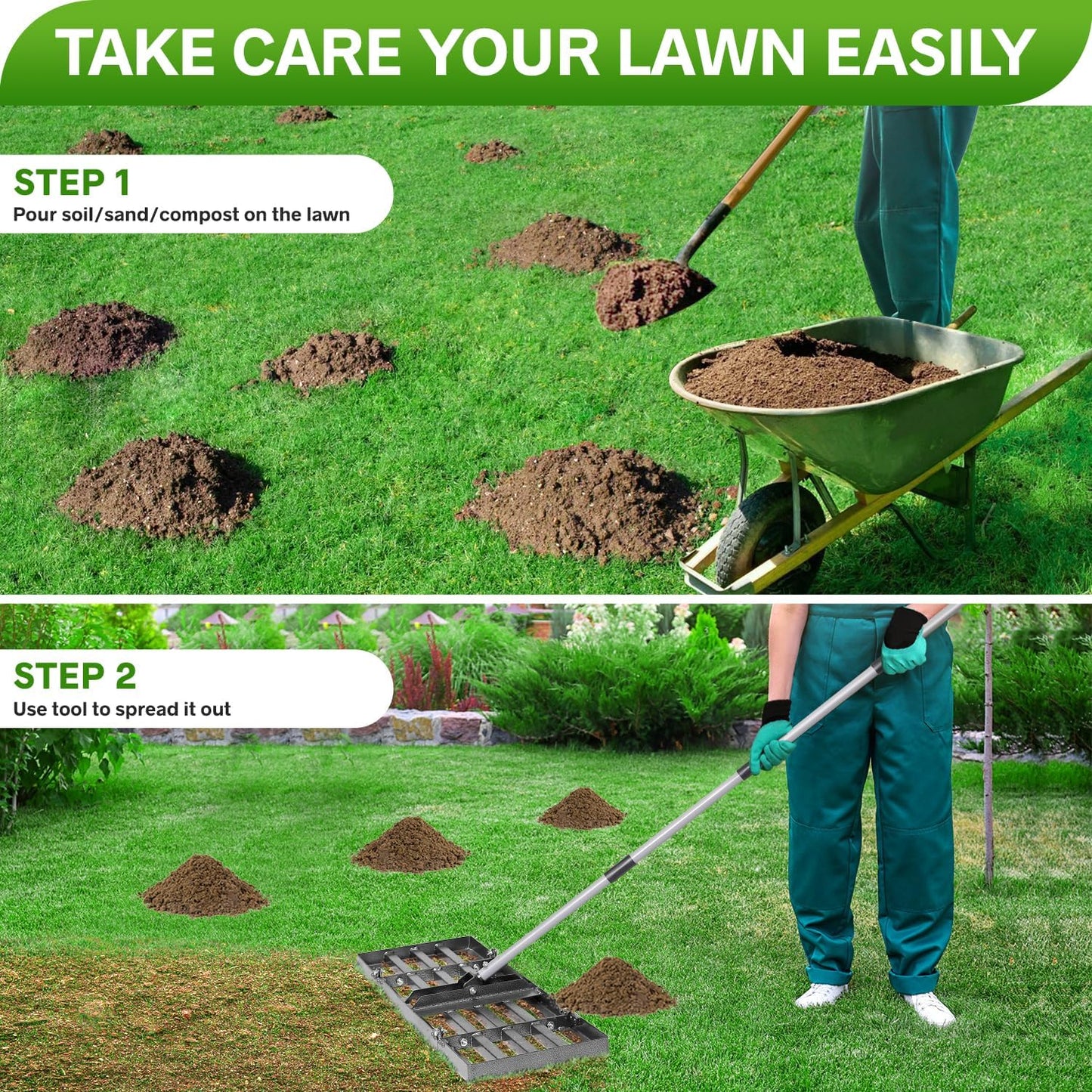 Lawn Leveling Rake, Lawn Leveler with Stainless Steel Long Handle, Heavy Duty Yard Level Tool for Leveling Soil, Sand Or Dirt Surfaces, Gardening Gloves Gift Included (30x10in)