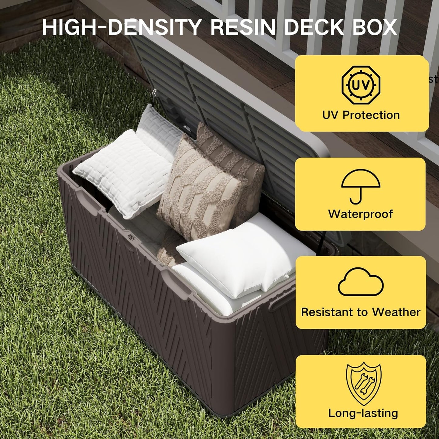 Kingdura 110 Gallon Outdoor Storage Box, Waterproof Resin Deck Box for Indoor and Outdoor Use, Lockable Storage Container for Patio Furniture Cushions Garden Tools (Coffee, 110 Gallon)