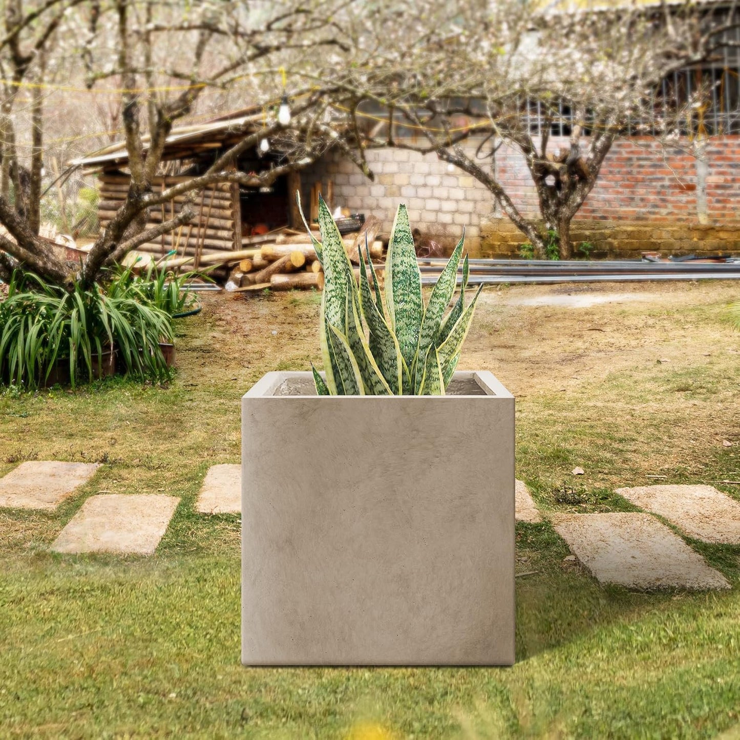 Kante 10 Inch Square Concrete Planter for Outdoor Indoor Home Patio Garden, Large Plant Pot with Drainage Hole and Rubber Plug, Weathered Concrete