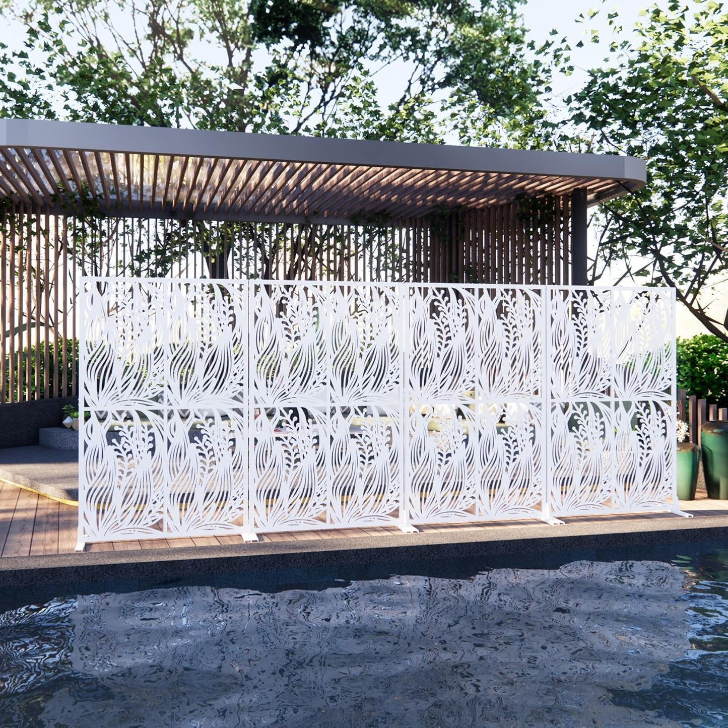 Metal Privacy Screens 72" H Outdoor Privacy Screens Panels Outdoor and Indoor Leaf Pattern Divider with Freestanding Decorative for Balcony Patio Garden Room Divider, White